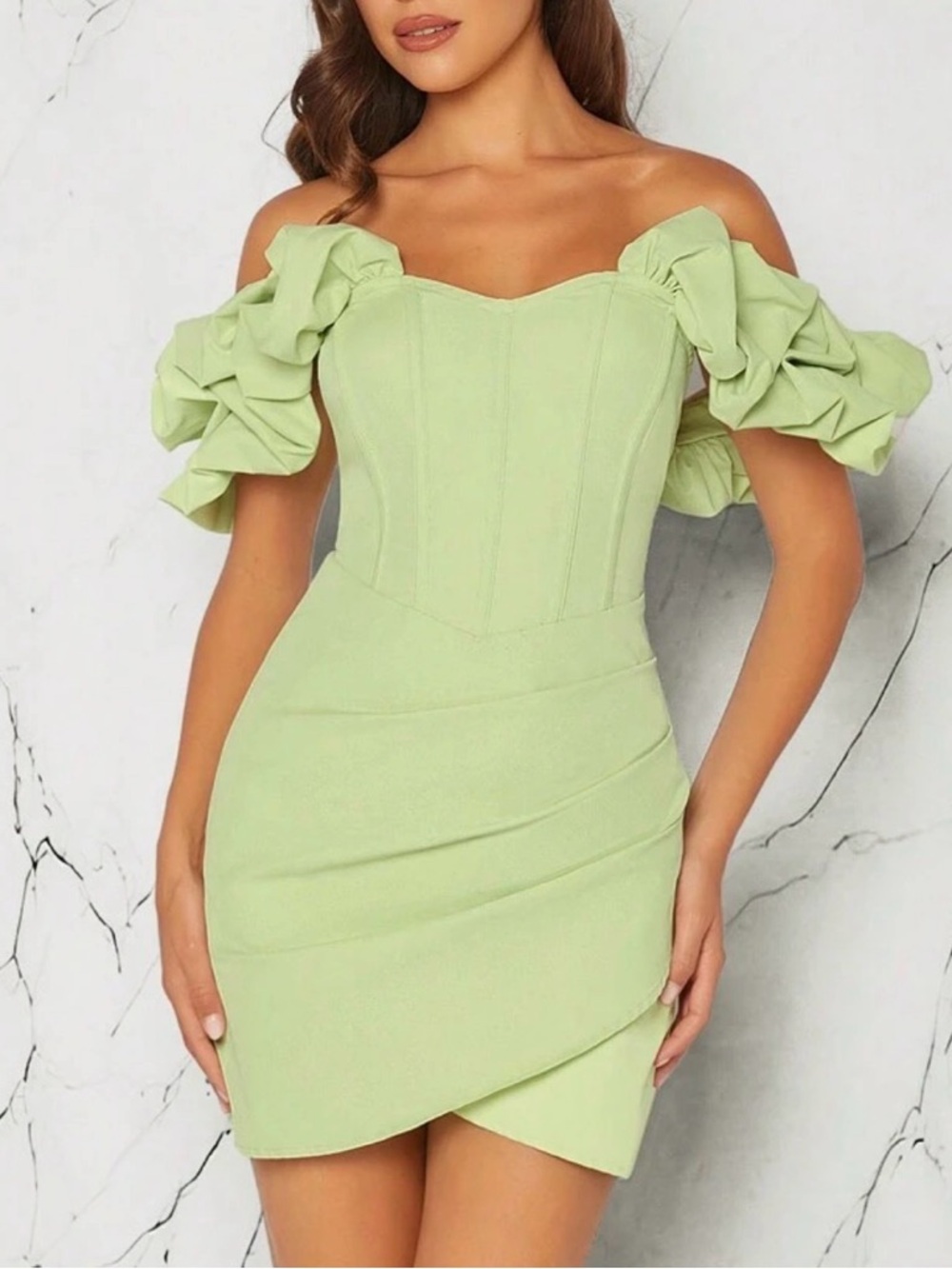 Off-Shoulder corset Ruffle Sleeve Bodycon Dress in Light Green
